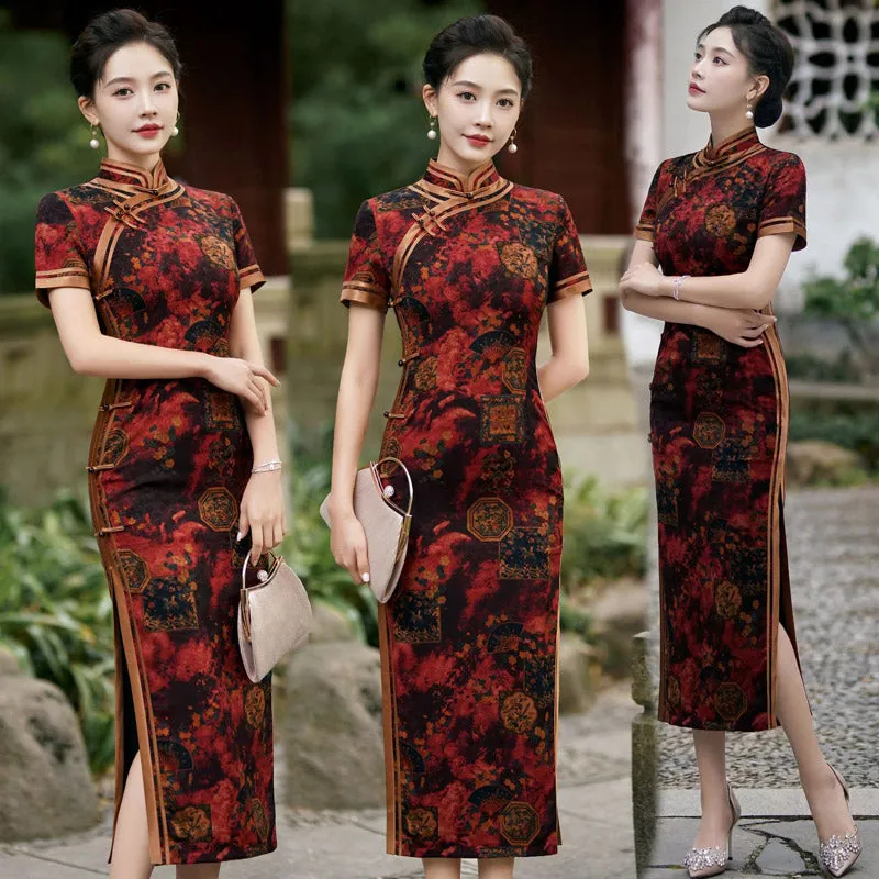 Chinese Style Classic Festive Vintage Red Cheongsam Dress with Floral Print for Women