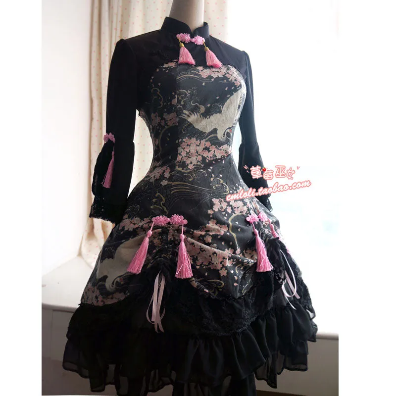 Chinese Style Three Quarter Sleeve Printed Qi-wa Lolita Dress