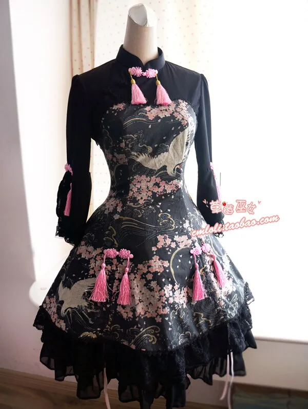 Chinese Style Three Quarter Sleeve Printed Qi-wa Lolita Dress