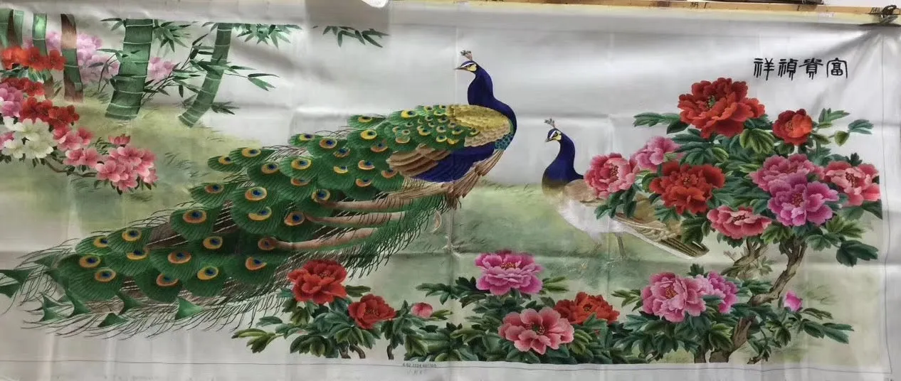 Chinese Totally 100% Hand Embroidered Su Embroidery Art:peacocks peony flower 160cm