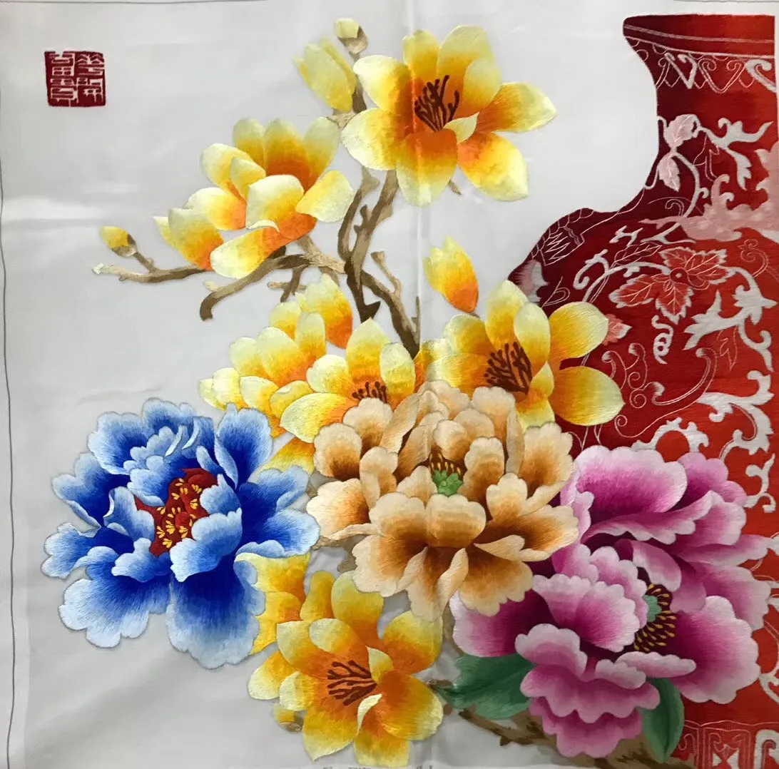 Chinese Totally 100% Hand Embroidered Su Embroidery Art:peony magnolia flower 50cm 3918