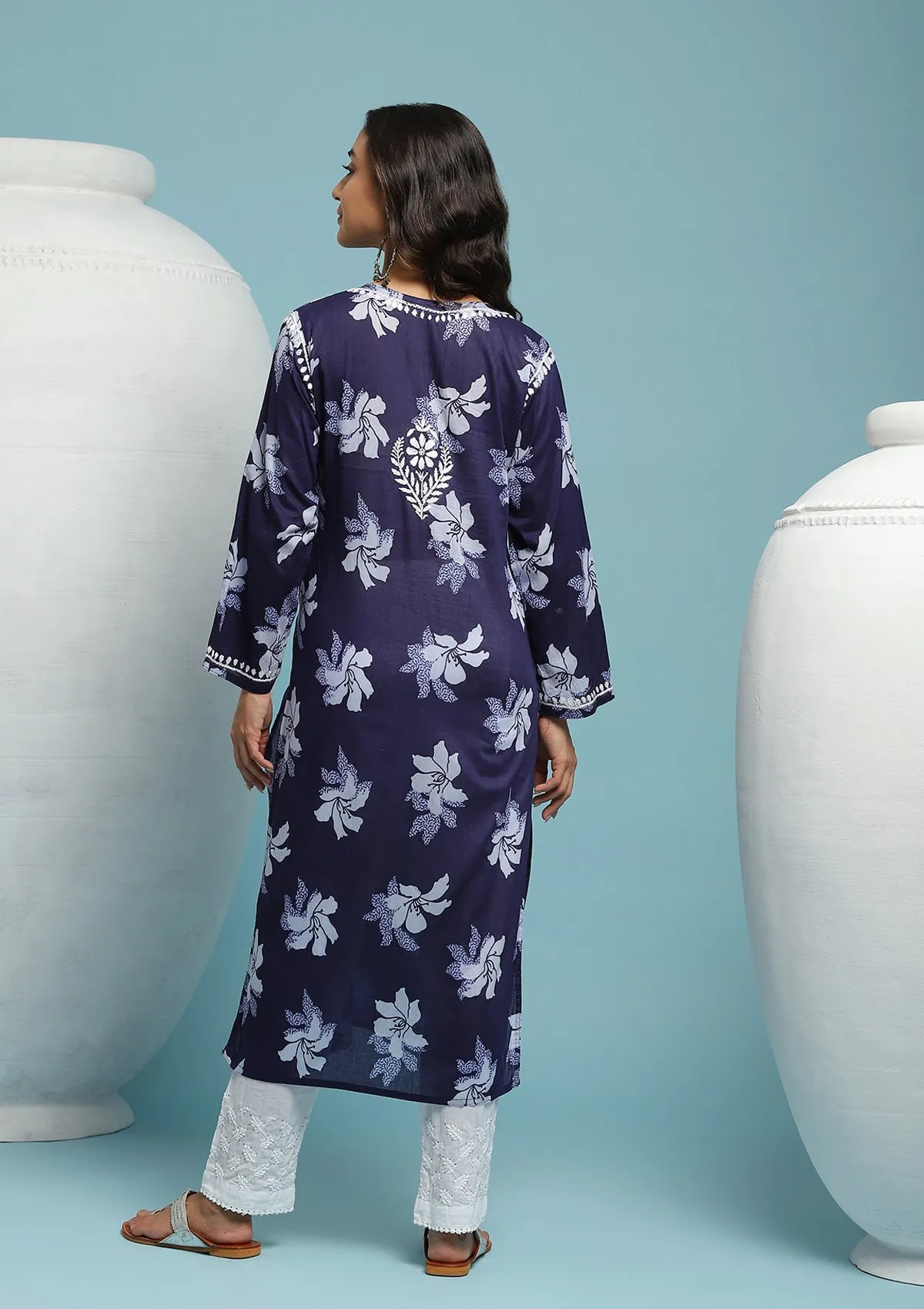 Cotton Chikankari Printed Women's Long Kurta - Navy Blue