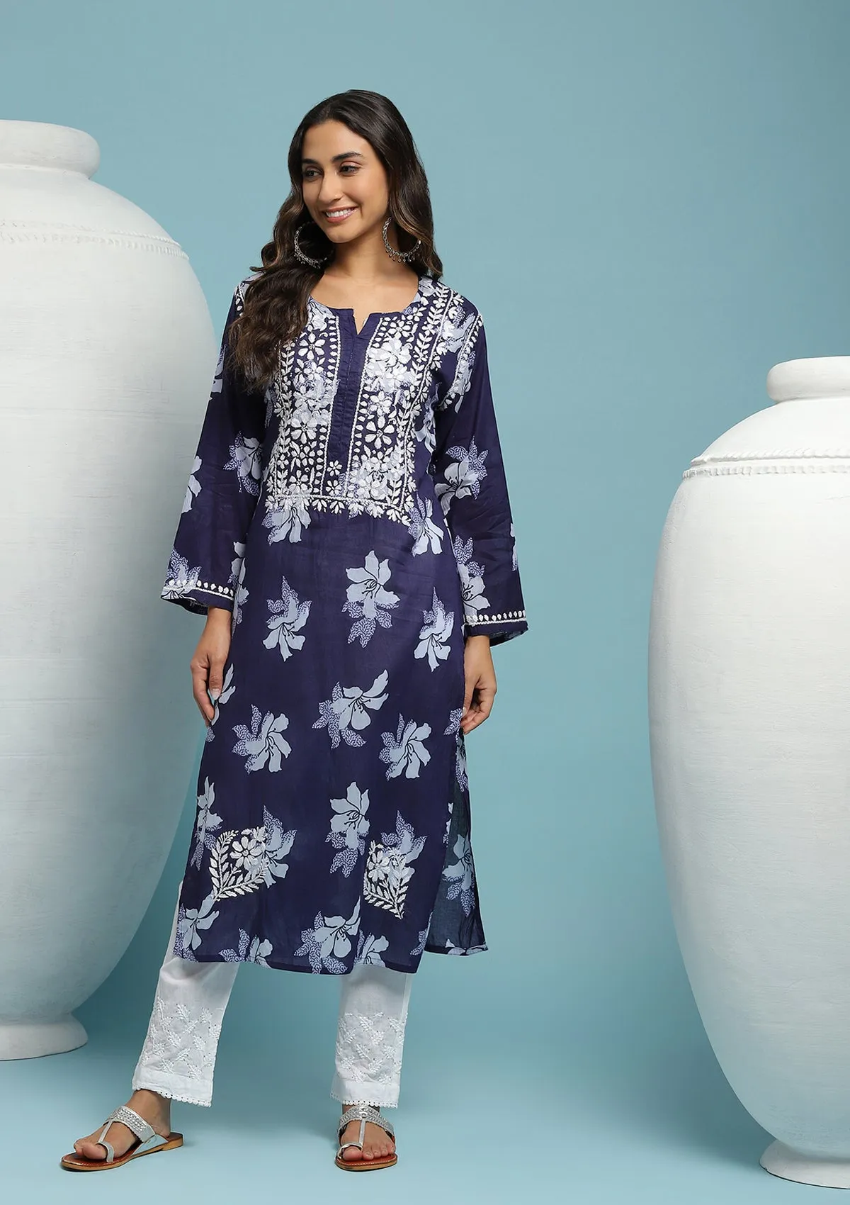 Cotton Chikankari Printed Women's Long Kurta - Navy Blue