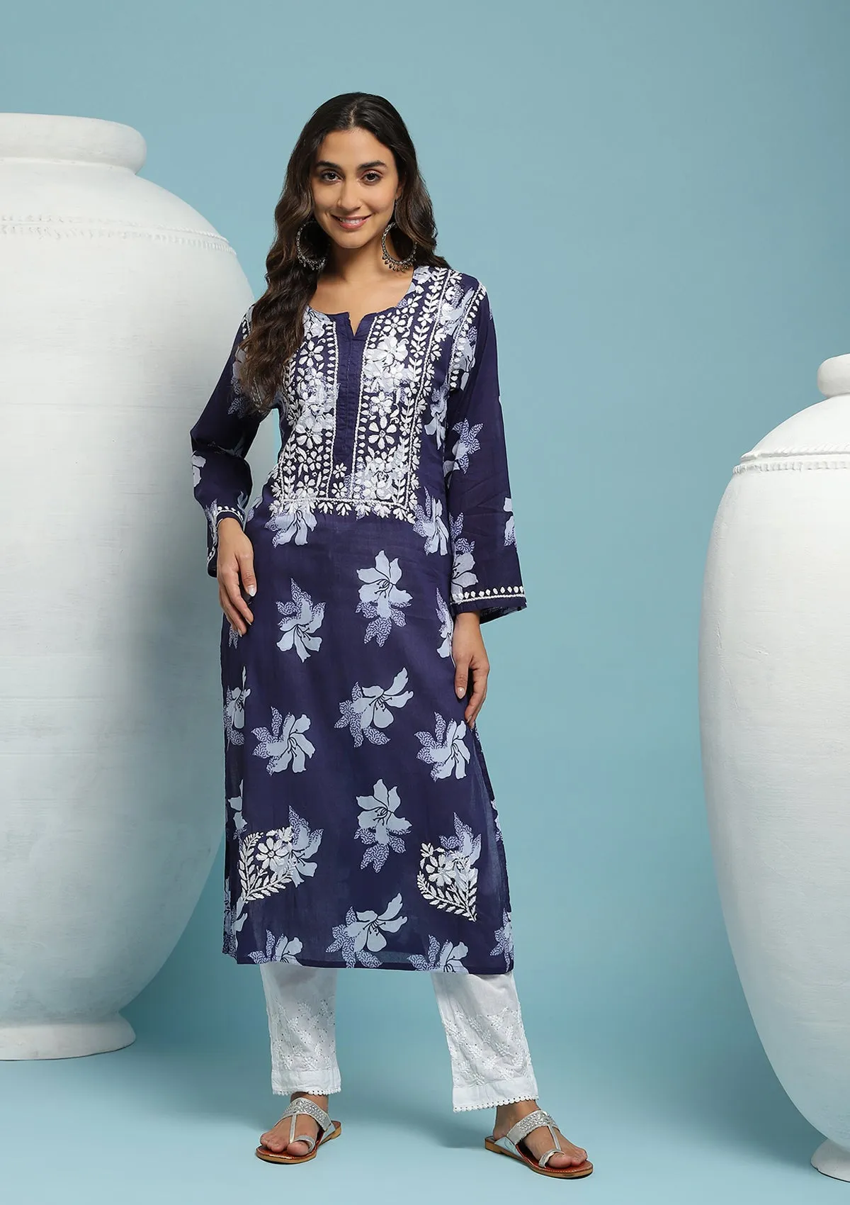 Cotton Chikankari Printed Women's Long Kurta - Navy Blue