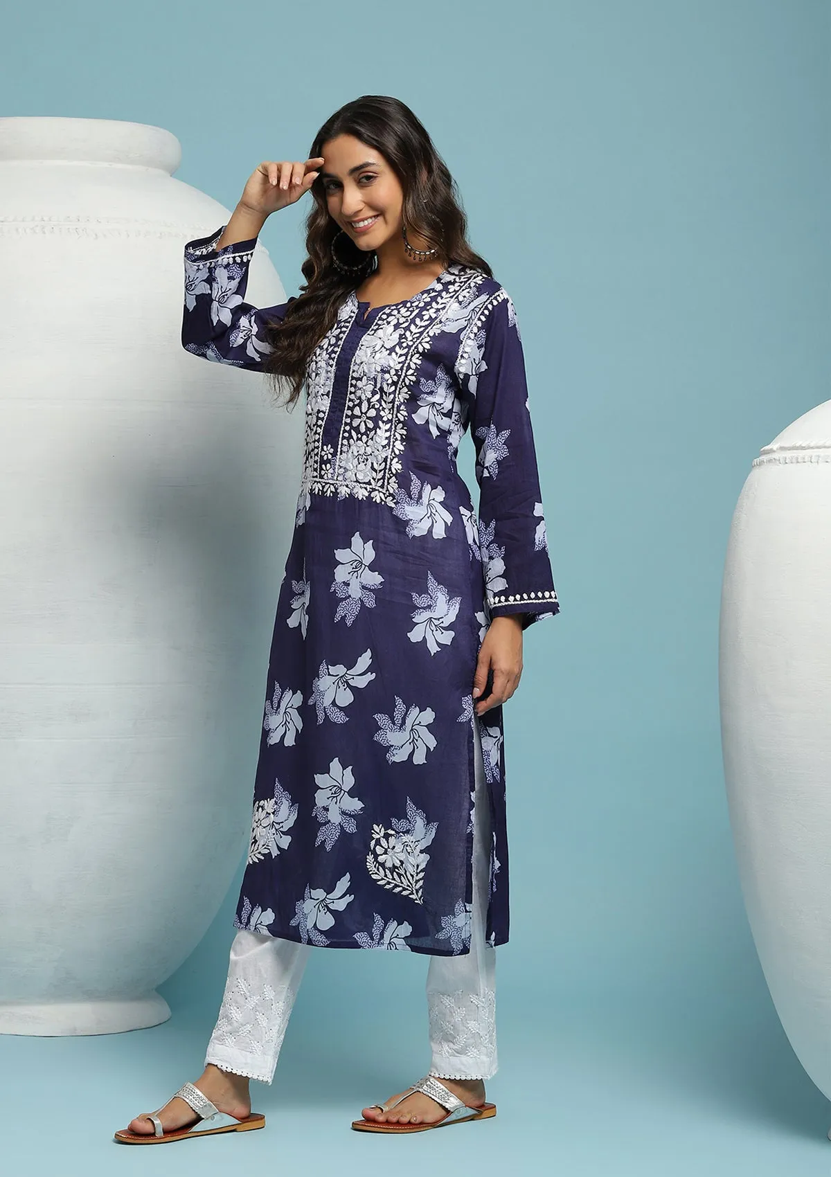 Cotton Chikankari Printed Women's Long Kurta - Navy Blue