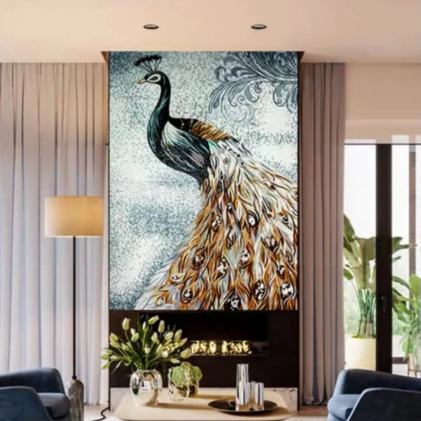 Custom Luxury Glass Mosaic Mural Chinese Style Peacock