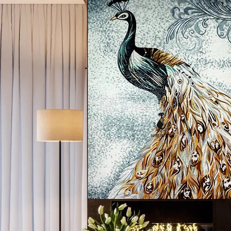 Custom Luxury Glass Mosaic Mural Chinese Style Peacock