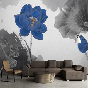 Custom Wallpaper Mural Chinese Style Water Ink Blue Lotus (㎡)