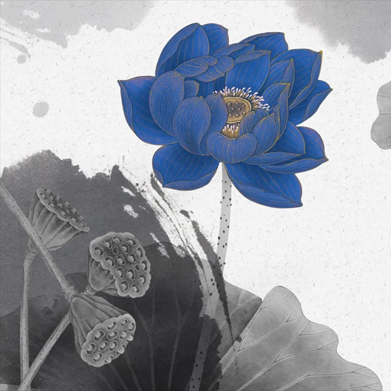 Custom Wallpaper Mural Chinese Style Water Ink Blue Lotus (㎡)