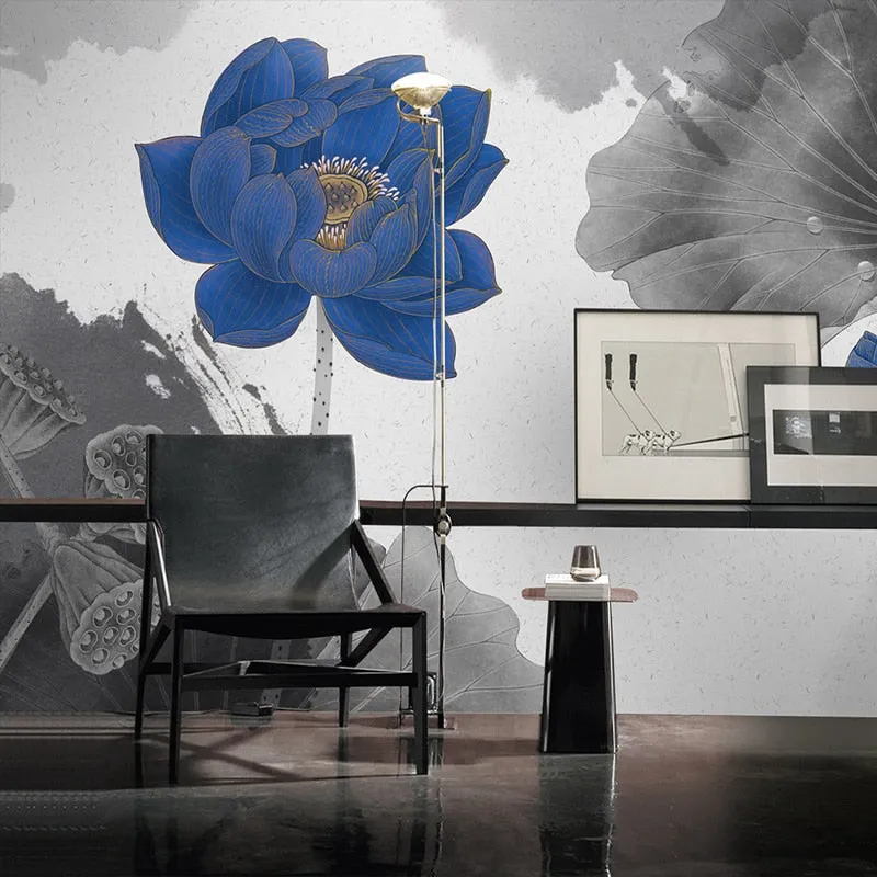 Custom Wallpaper Mural Chinese Style Water Ink Blue Lotus (㎡)