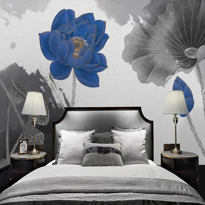 Custom Wallpaper Mural Chinese Style Water Ink Blue Lotus (㎡)