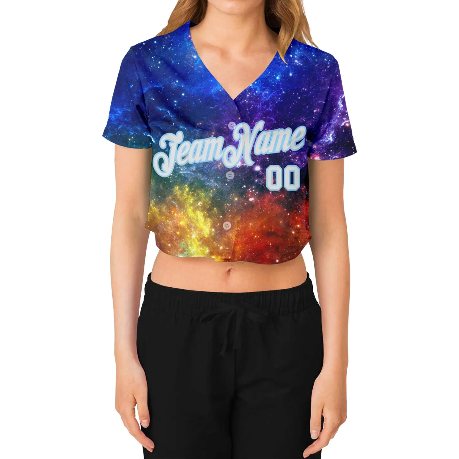 Custom Women's Galactic White-Light Blue 3D V-Neck Cropped Baseball Jersey