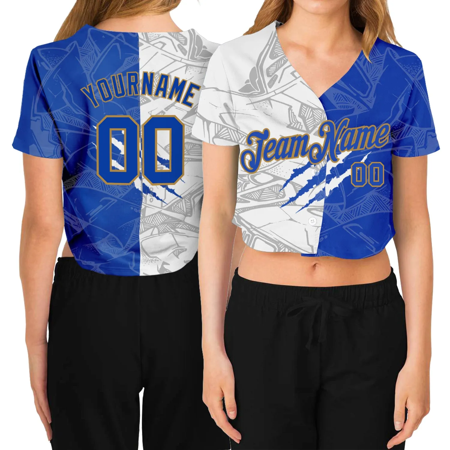 Custom Women's Graffiti Pattern Royal-Old Gold Scratch 3D V-Neck Cropped Baseball Jersey