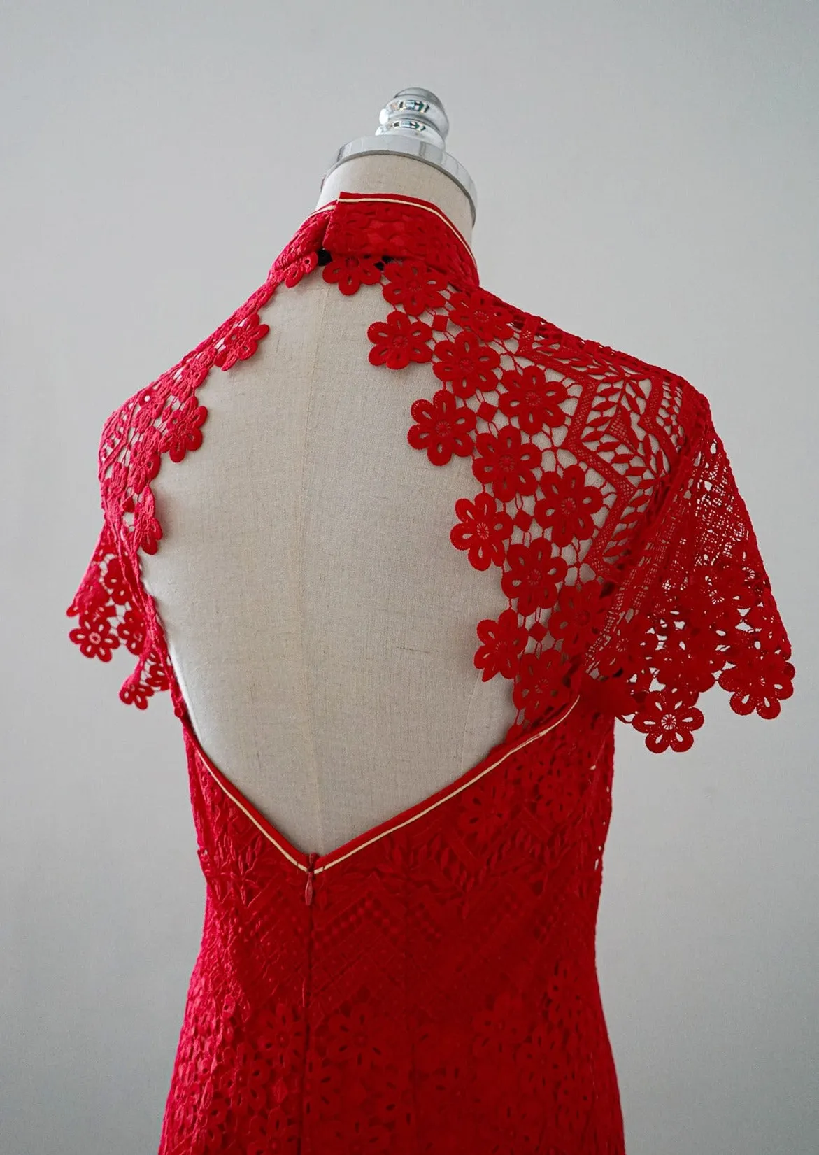 Day Lily Open Back Lace Qipao (Red/ Gold) - RTW