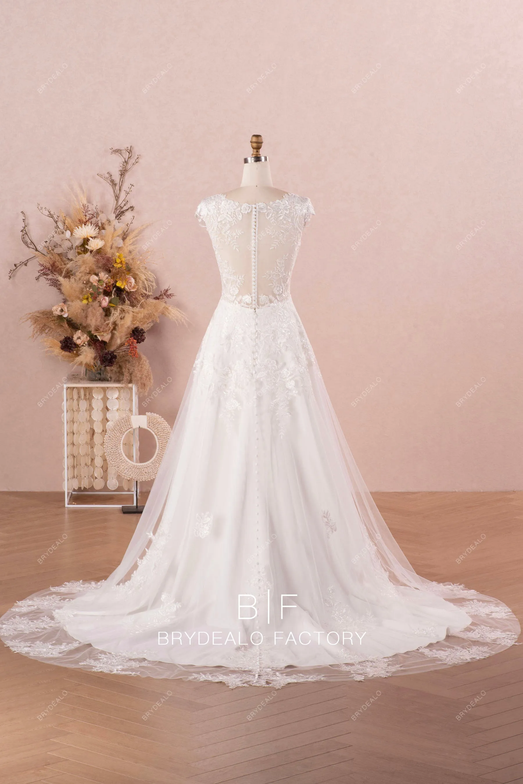 Designer Lace Cap Sleeve Crepe Long Bridal Dress with Overskirt