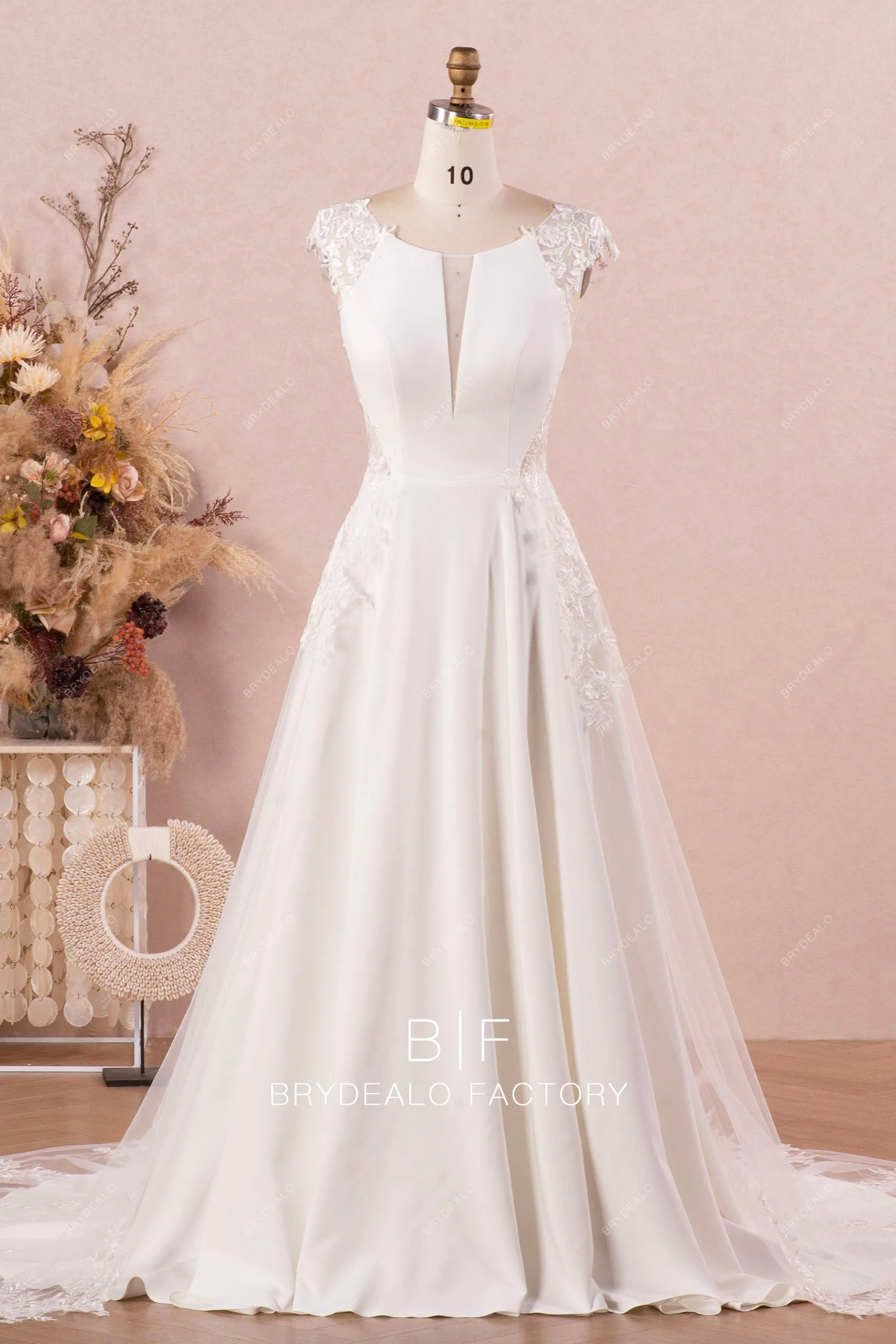 Designer Lace Cap Sleeve Crepe Long Bridal Dress with Overskirt