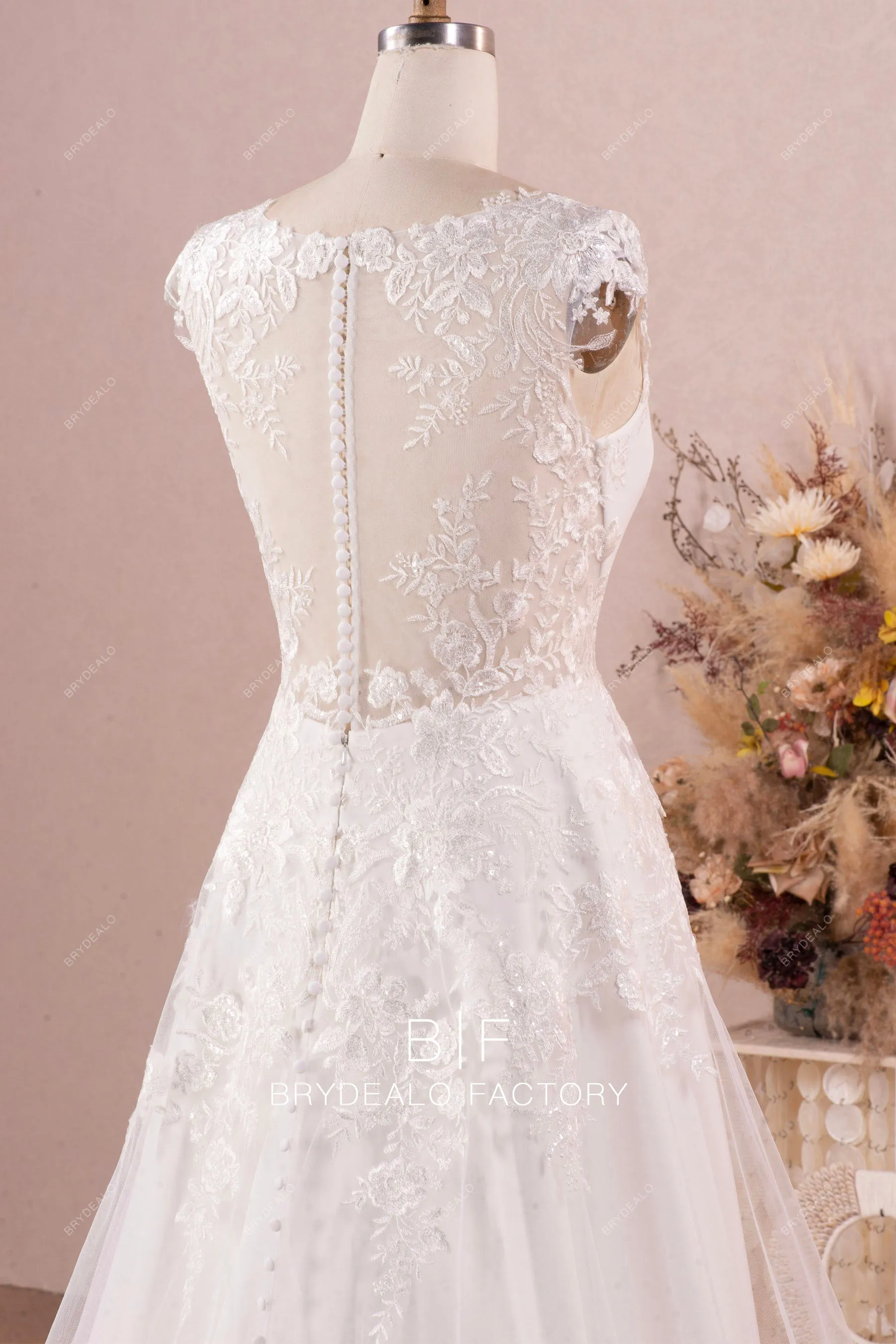 Designer Lace Cap Sleeve Crepe Long Bridal Dress with Overskirt