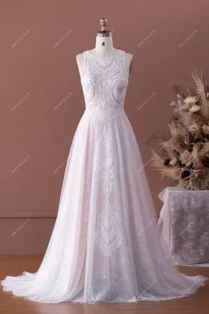 Designer Lace Sleeveless Illusion Neck Boho A-line Pearl Pink Wedding Dress