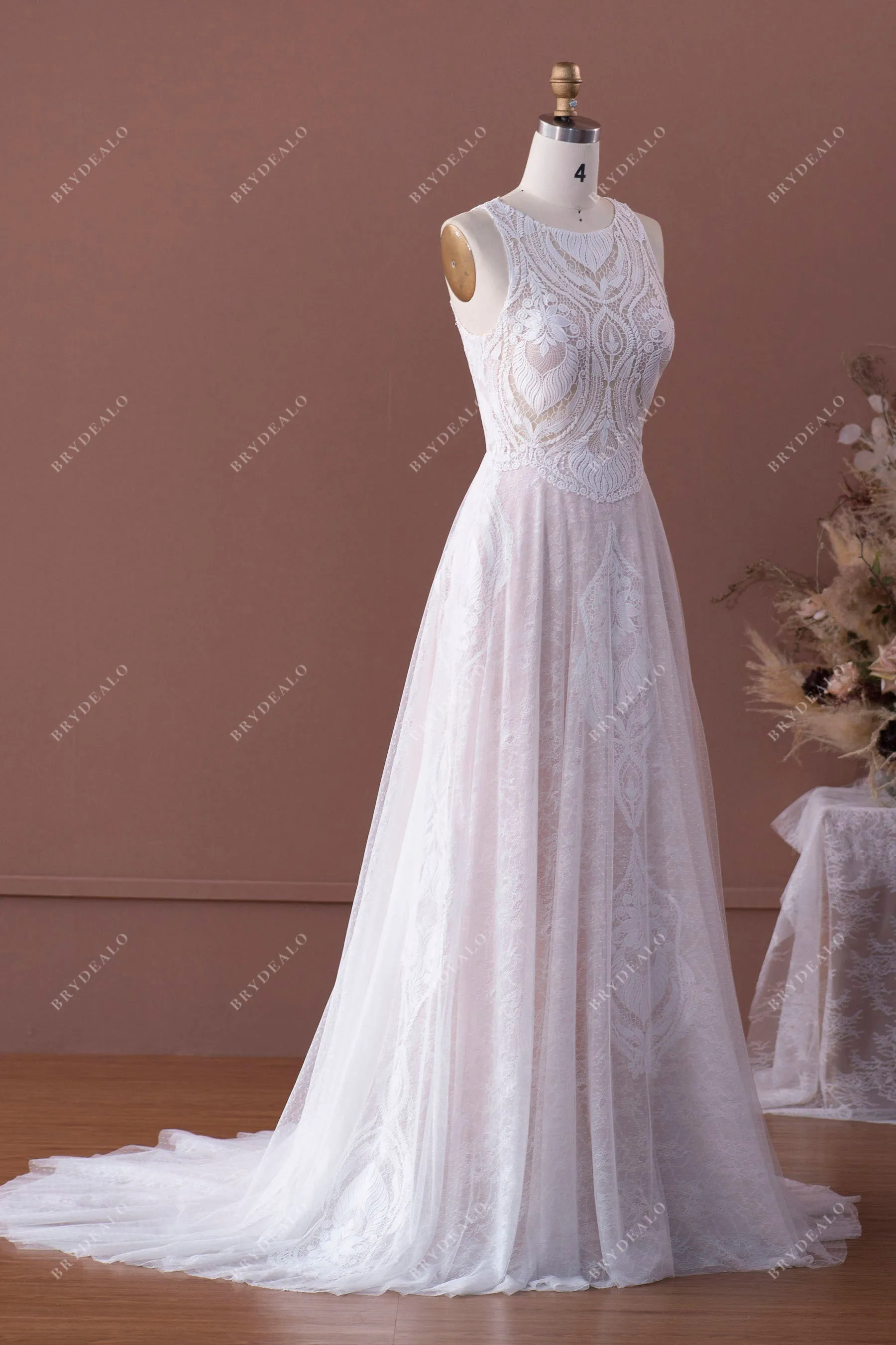 Designer Lace Sleeveless Illusion Neck Boho A-line Pearl Pink Wedding Dress