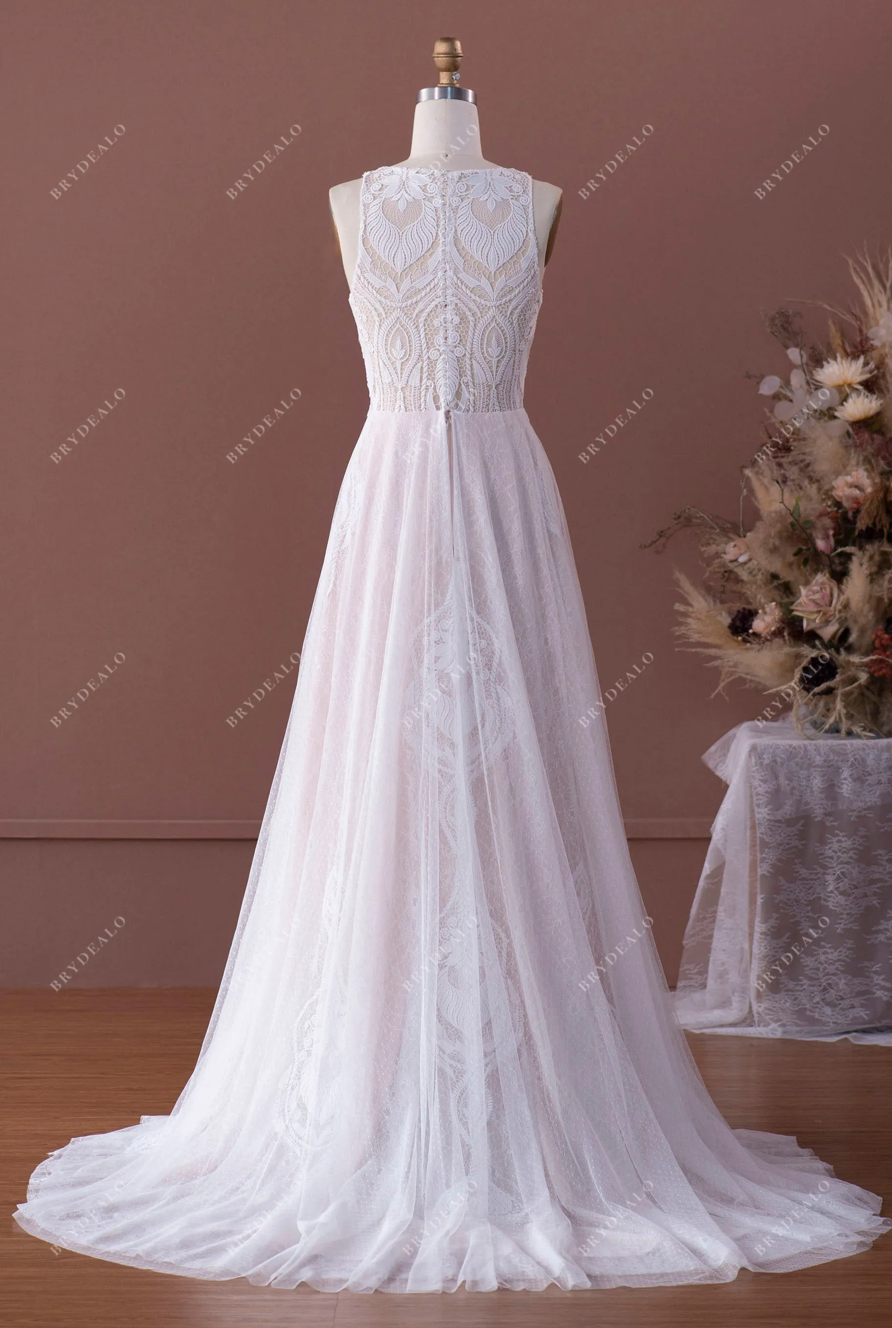 Designer Lace Sleeveless Illusion Neck Boho A-line Pearl Pink Wedding Dress