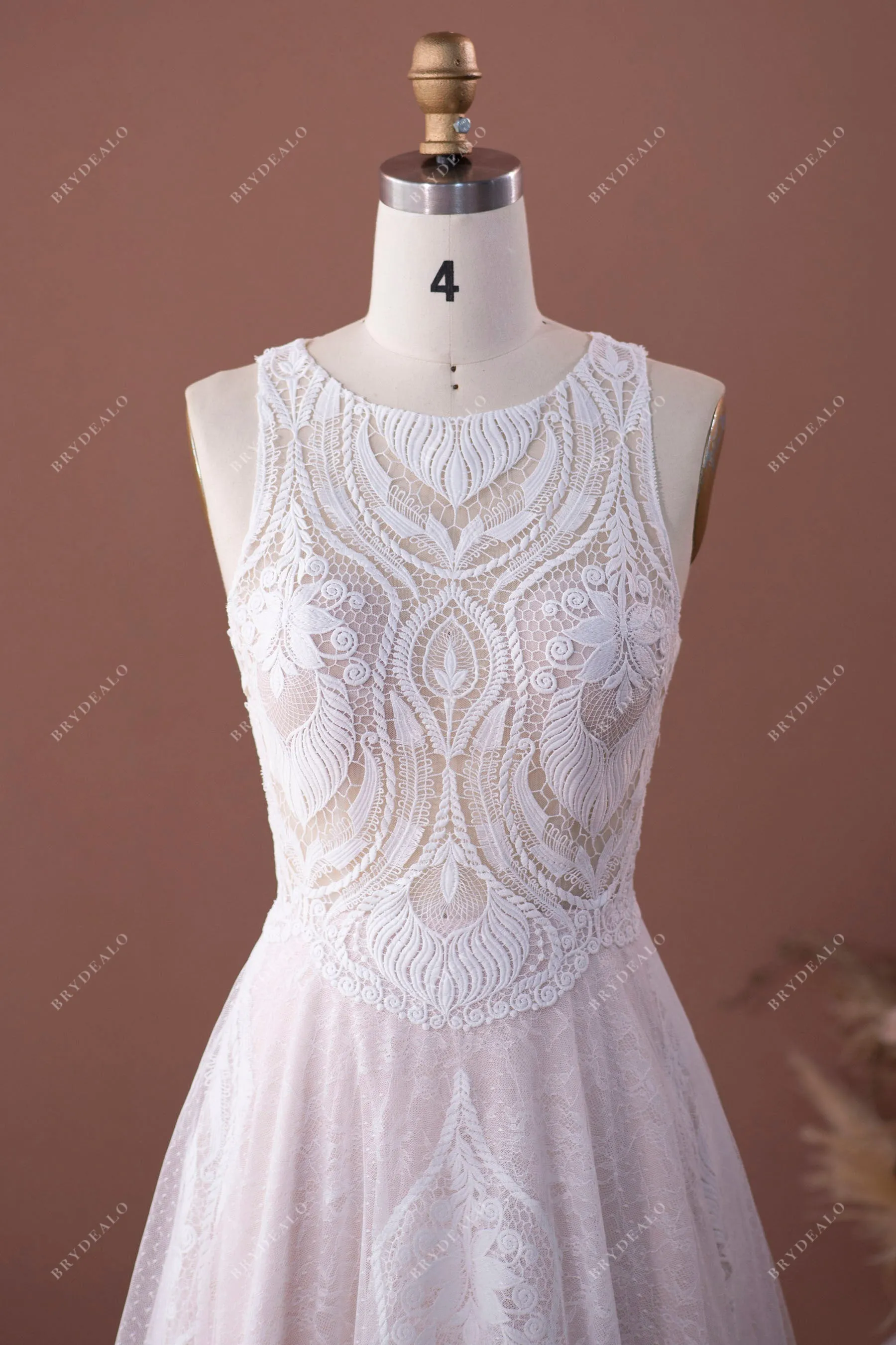 Designer Lace Sleeveless Illusion Neck Boho A-line Pearl Pink Wedding Dress