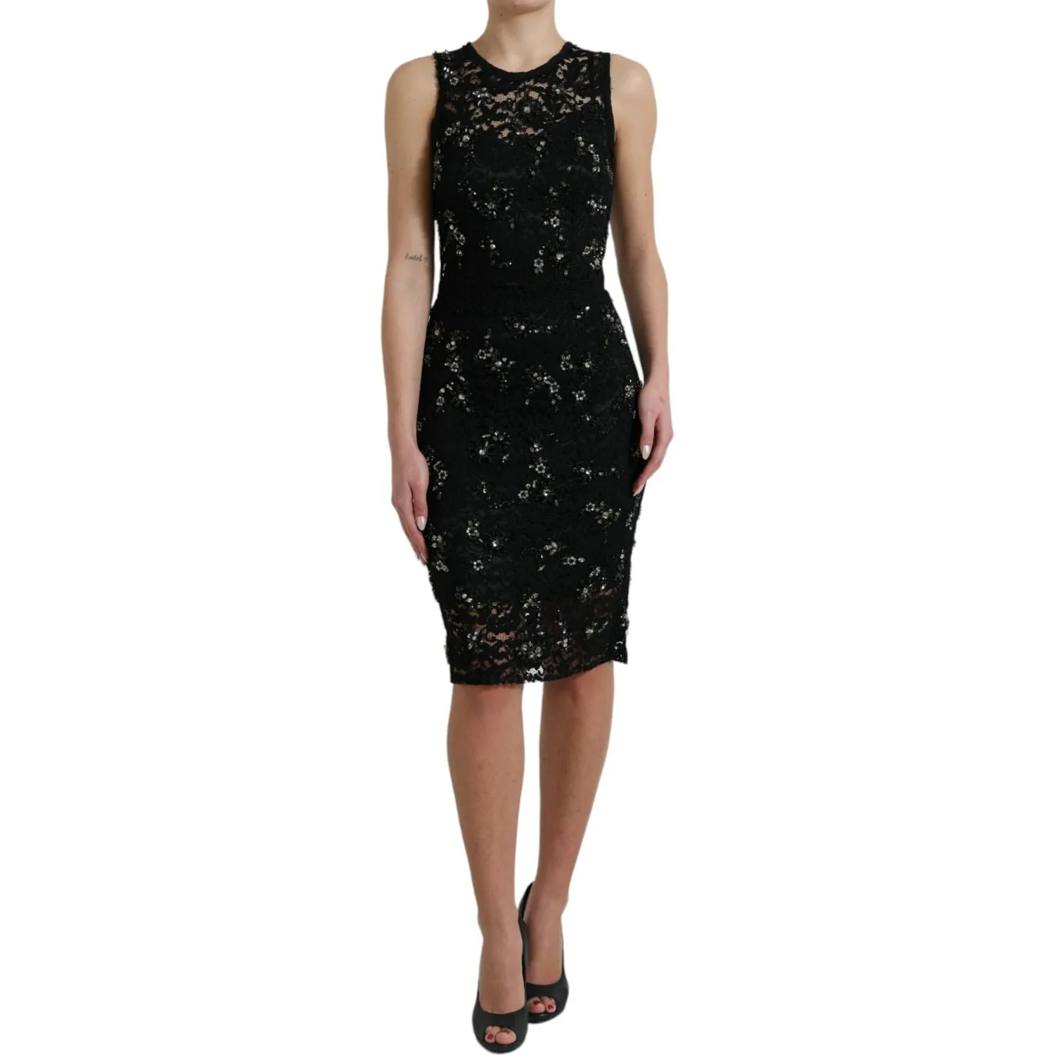 Dolce & Gabbana Exquisite Black Floral Lace Crystal Sheath Dress