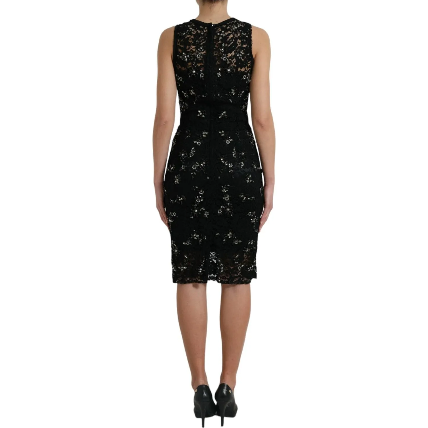 Dolce & Gabbana Exquisite Black Floral Lace Crystal Sheath Dress