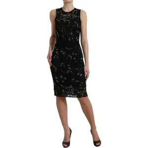 Dolce & Gabbana Exquisite Black Floral Lace Crystal Sheath Dress