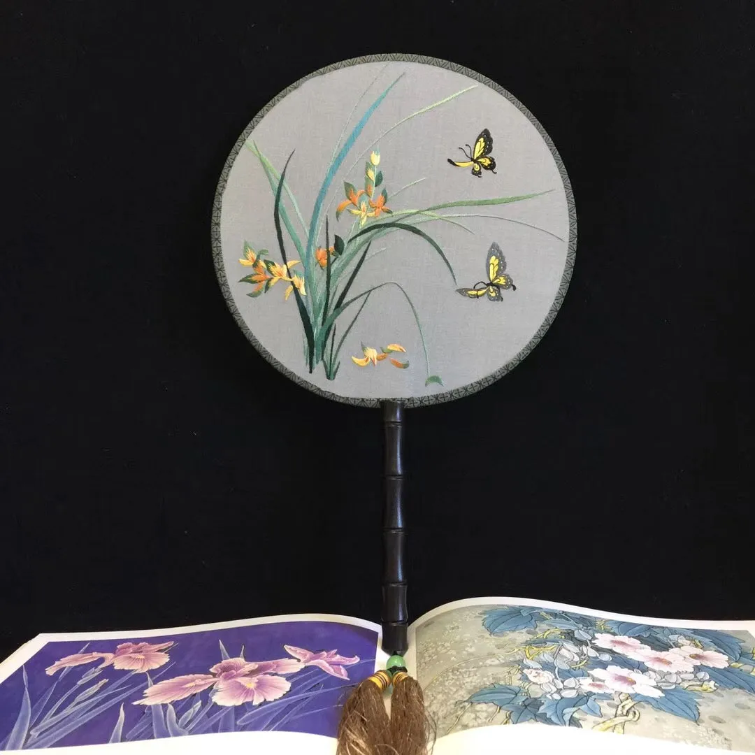 Double sided hand su embroidery fan:cat flower birds butterfly lotus panda peacock