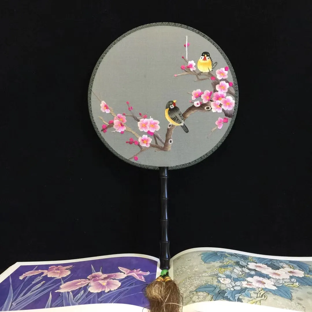 Double sided hand su embroidery fan:cat flower birds butterfly lotus panda peacock