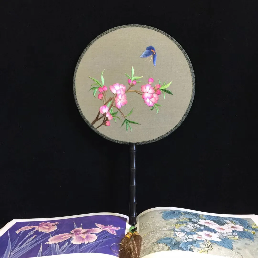 Double sided hand su embroidery fan:cat flower birds butterfly lotus panda peacock