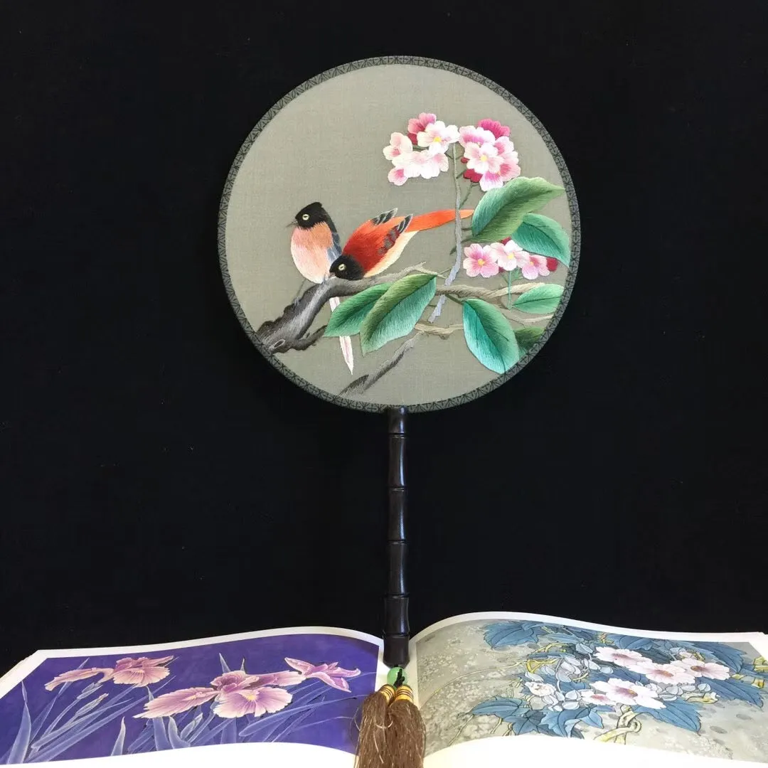 Double sided hand su embroidery fan:cat flower birds butterfly lotus panda peacock