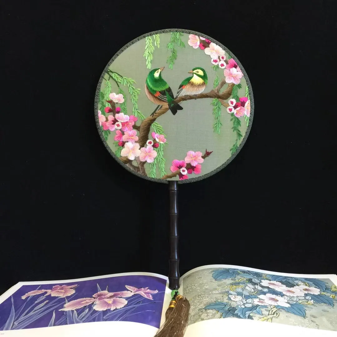 Double sided hand su embroidery fan:cat flower birds butterfly lotus panda peacock