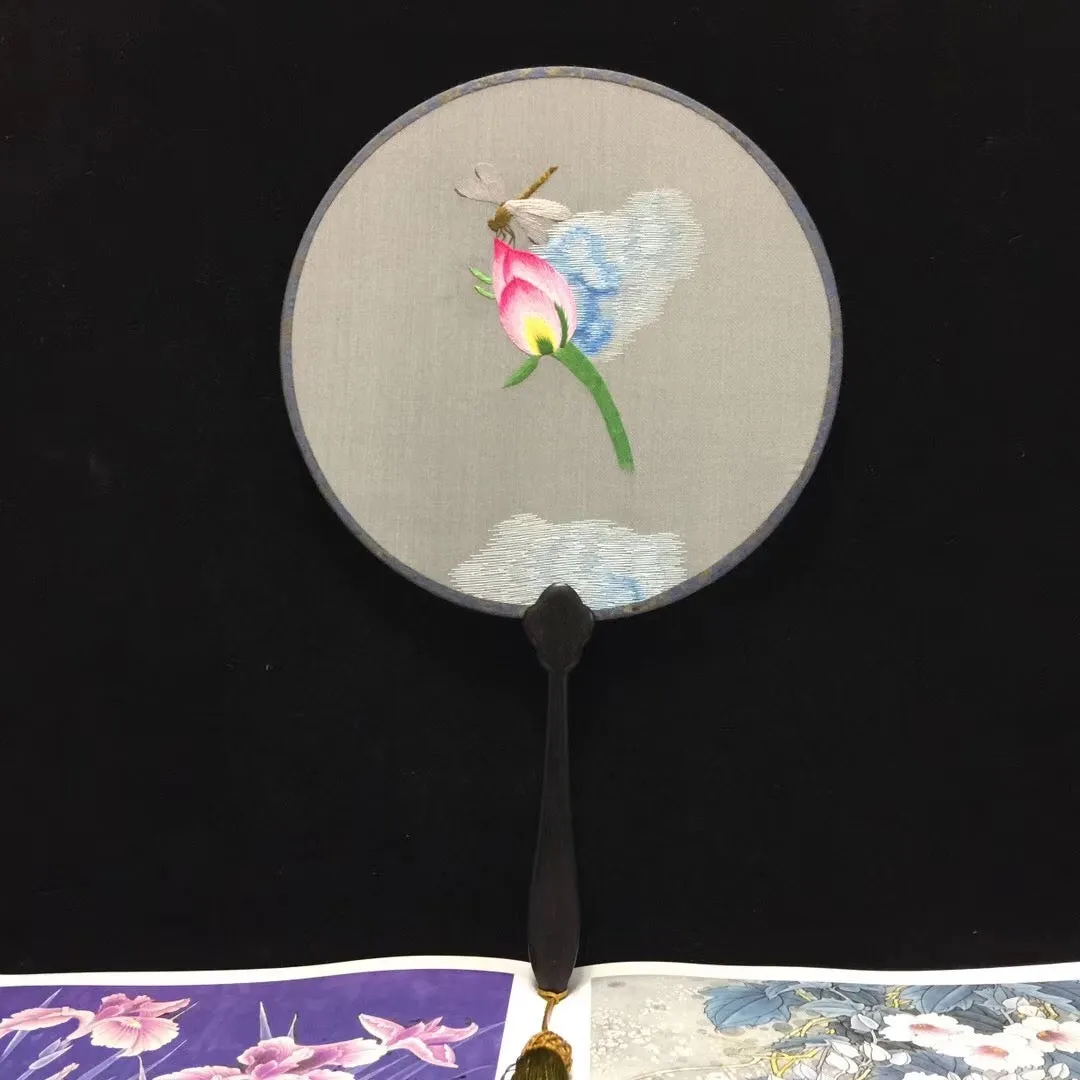 Double sided hand su embroidery fan:flower birds butterfly bamboo cranes fish panda 2918