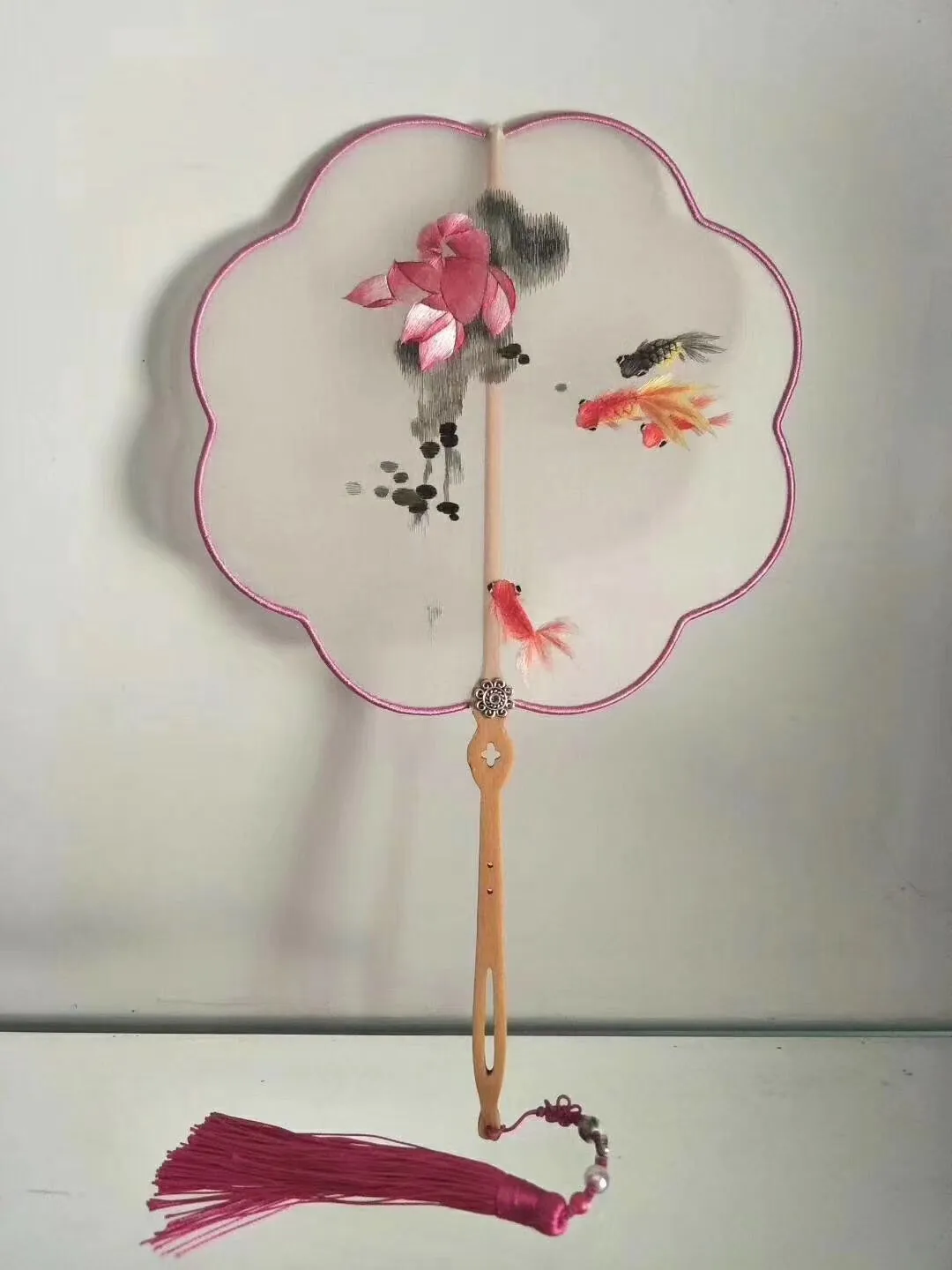 Double sided hand su embroidery fan:flower birds butterfly bamboo cranes fish panda 2918