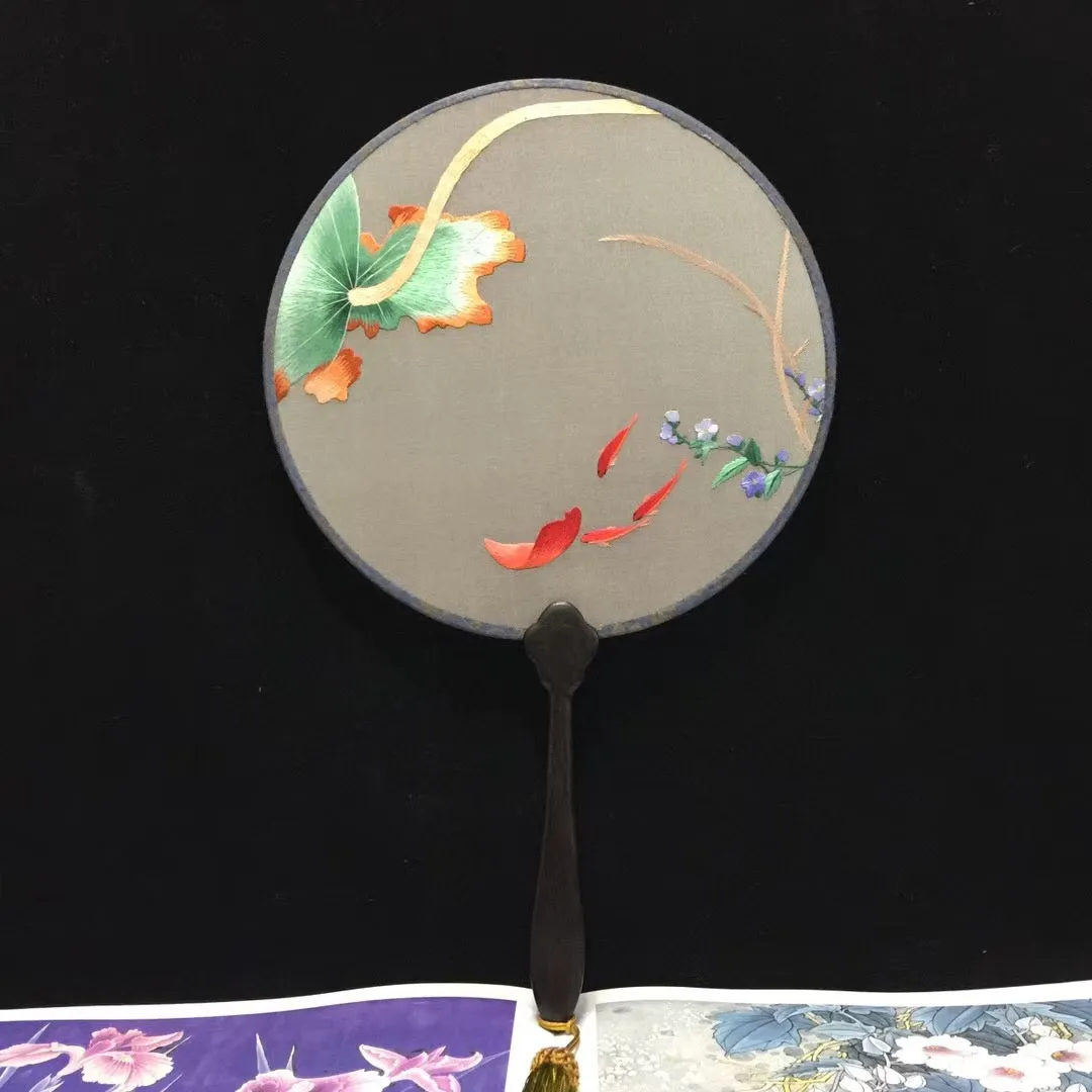 Double sided hand su embroidery fan:flower birds butterfly bamboo cranes fish panda 2918