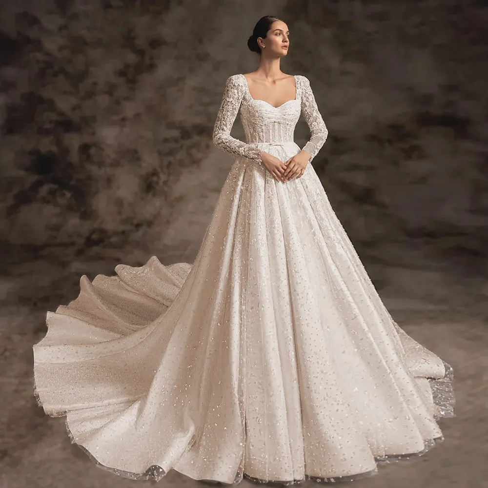 Elegant Long Sleeve A-Line Scalloped Backless Court Train Princess A-Line Bridal Gown