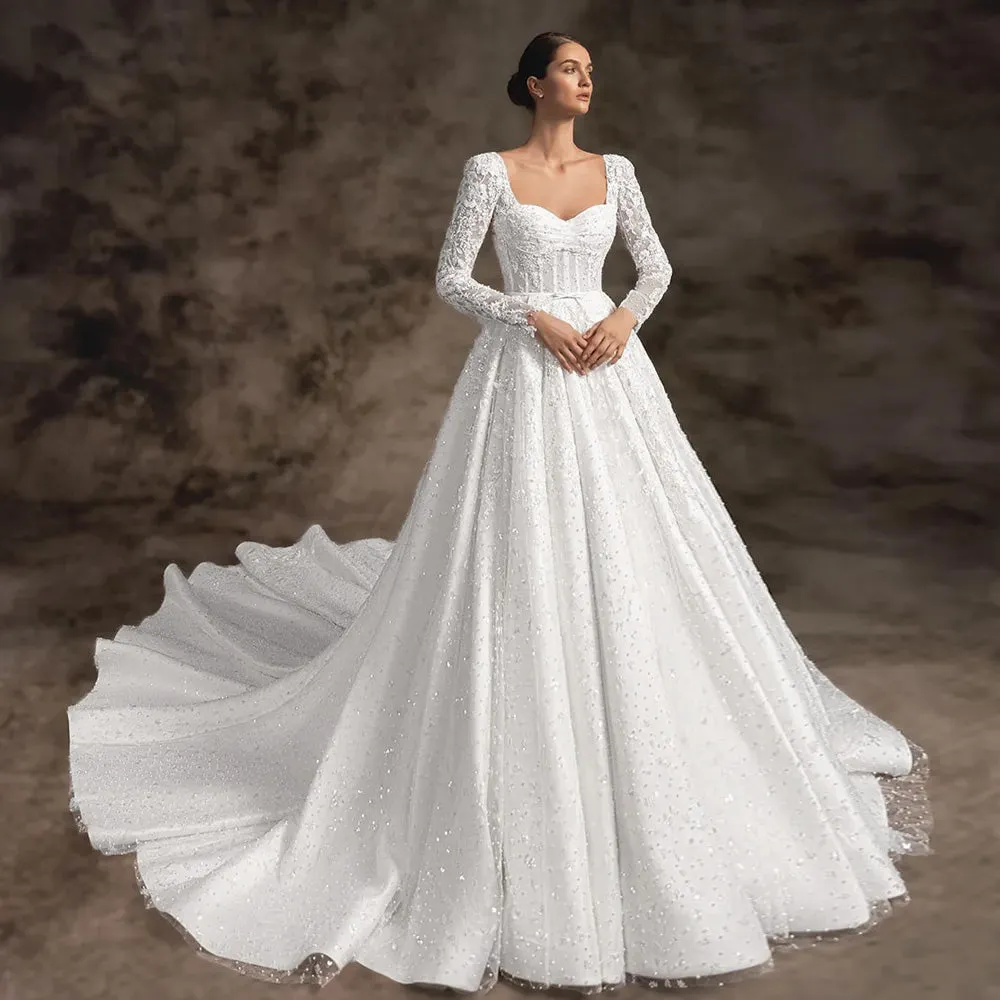 Elegant Long Sleeve A-Line Scalloped Backless Court Train Princess A-Line Bridal Gown