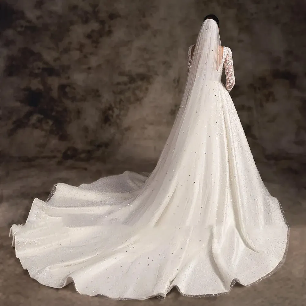 Elegant Long Sleeve A-Line Scalloped Backless Court Train Princess A-Line Bridal Gown