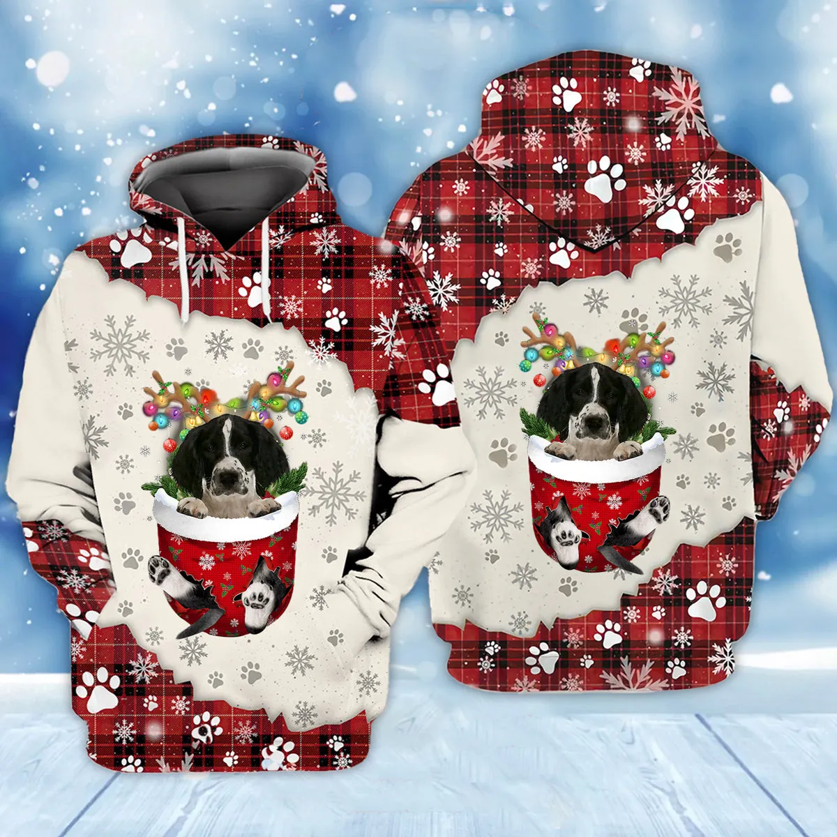 English Springer Spaniel In Snow Pocket Merry Christmas Unisex Hoodie