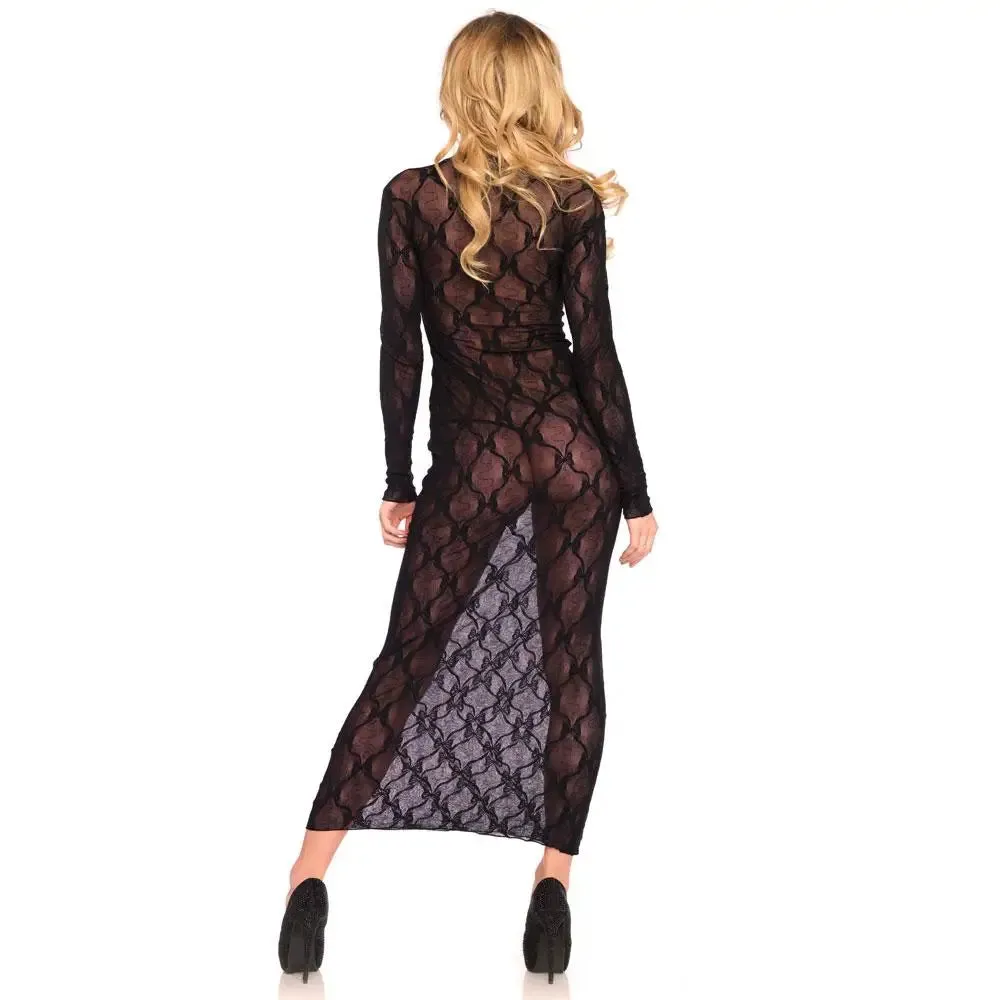 Erotic Black See-through Long-sleeved Lace Dress for Uk 8-14