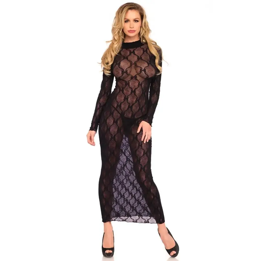 Erotic Black See-through Long-sleeved Lace Dress for Uk 8-14