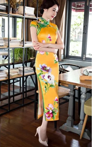 Floral Print Long Qipao Dress