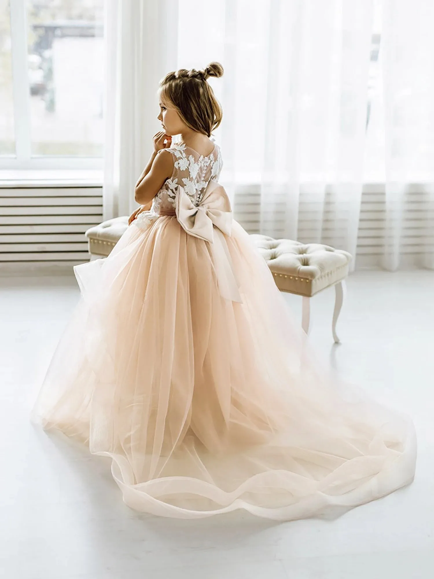 Flower Girl Bow Tie Back Tulle Princess Party Dress