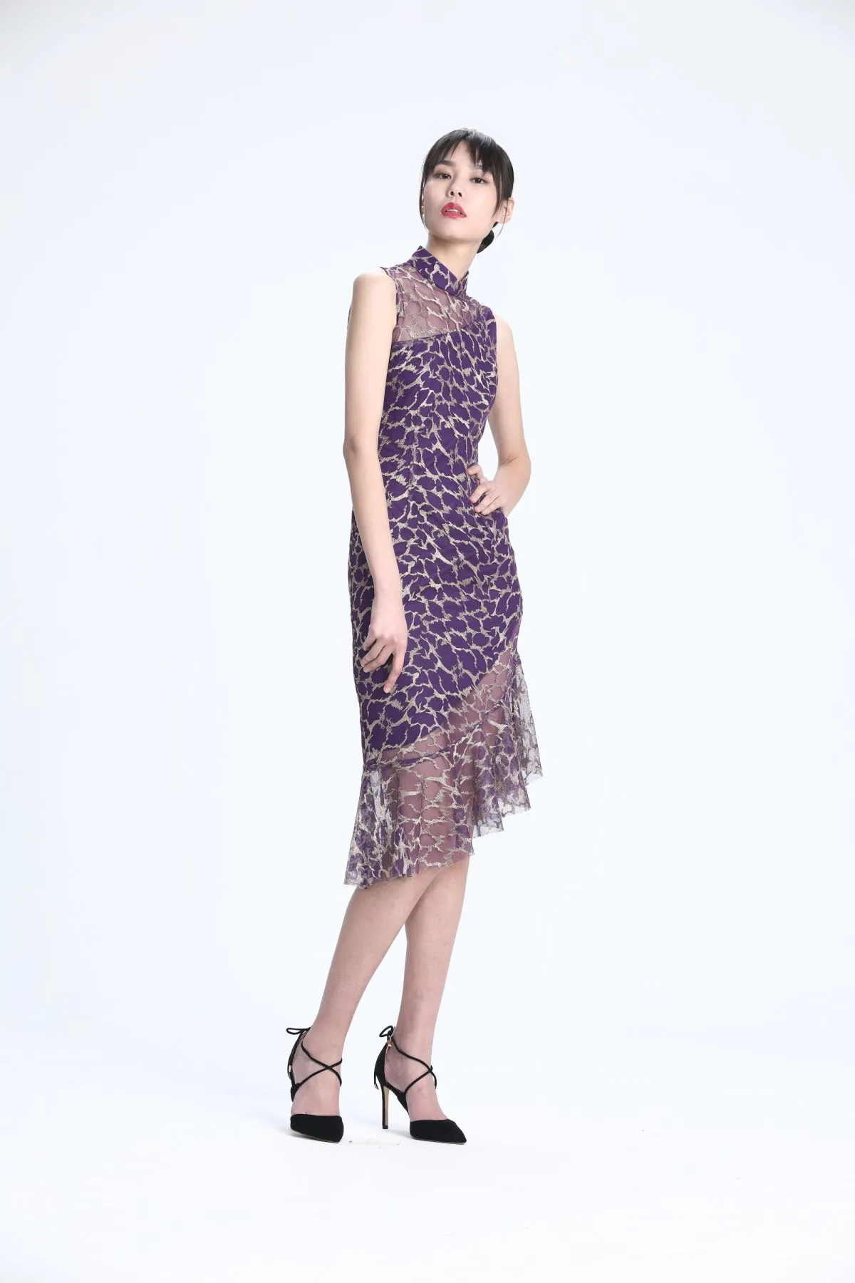 Gold Embroidery on Purple Mesh Sleeveless Asymmetric Mermaid Hem Dress