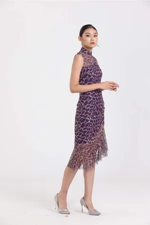 Gold Embroidery on Purple Mesh Sleeveless Asymmetric Mermaid Hem Dress