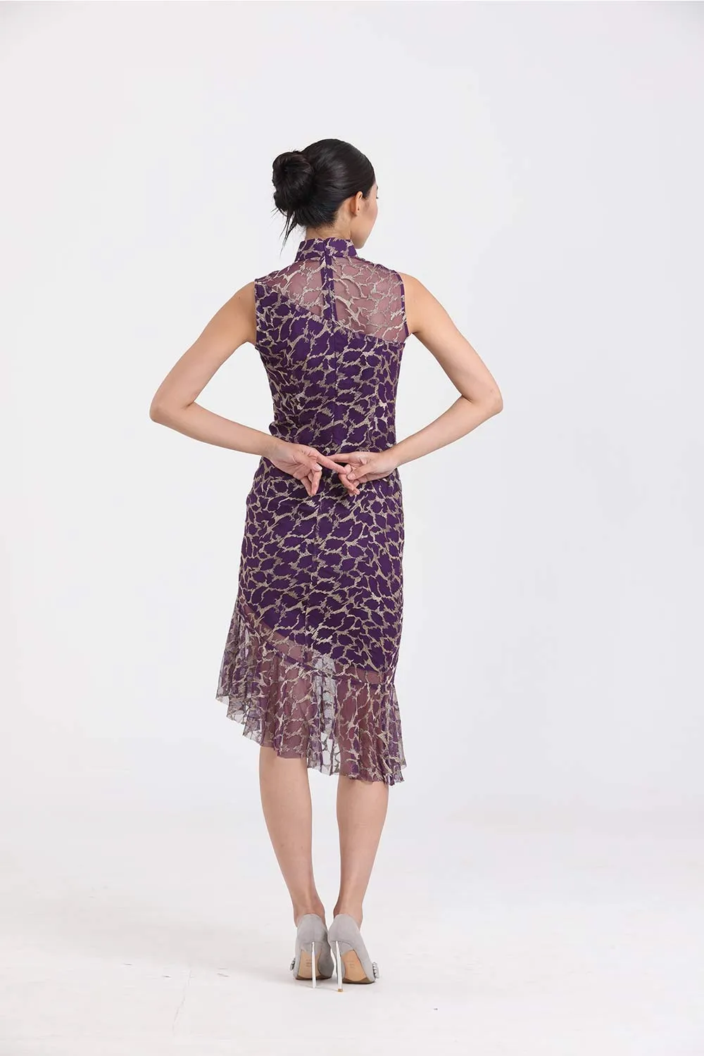 Gold Embroidery on Purple Mesh Sleeveless Asymmetric Mermaid Hem Dress