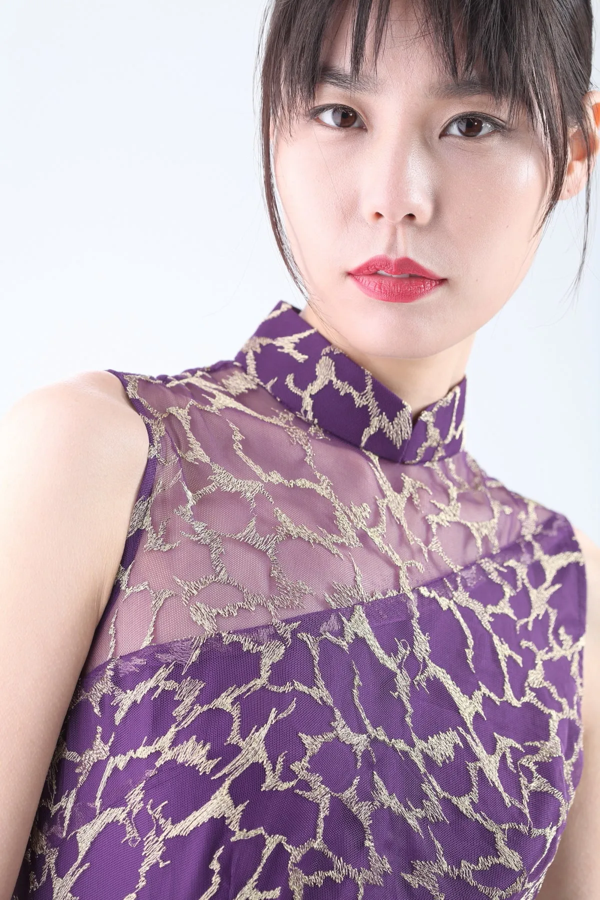 Gold Embroidery on Purple Mesh Sleeveless Asymmetric Mermaid Hem Dress