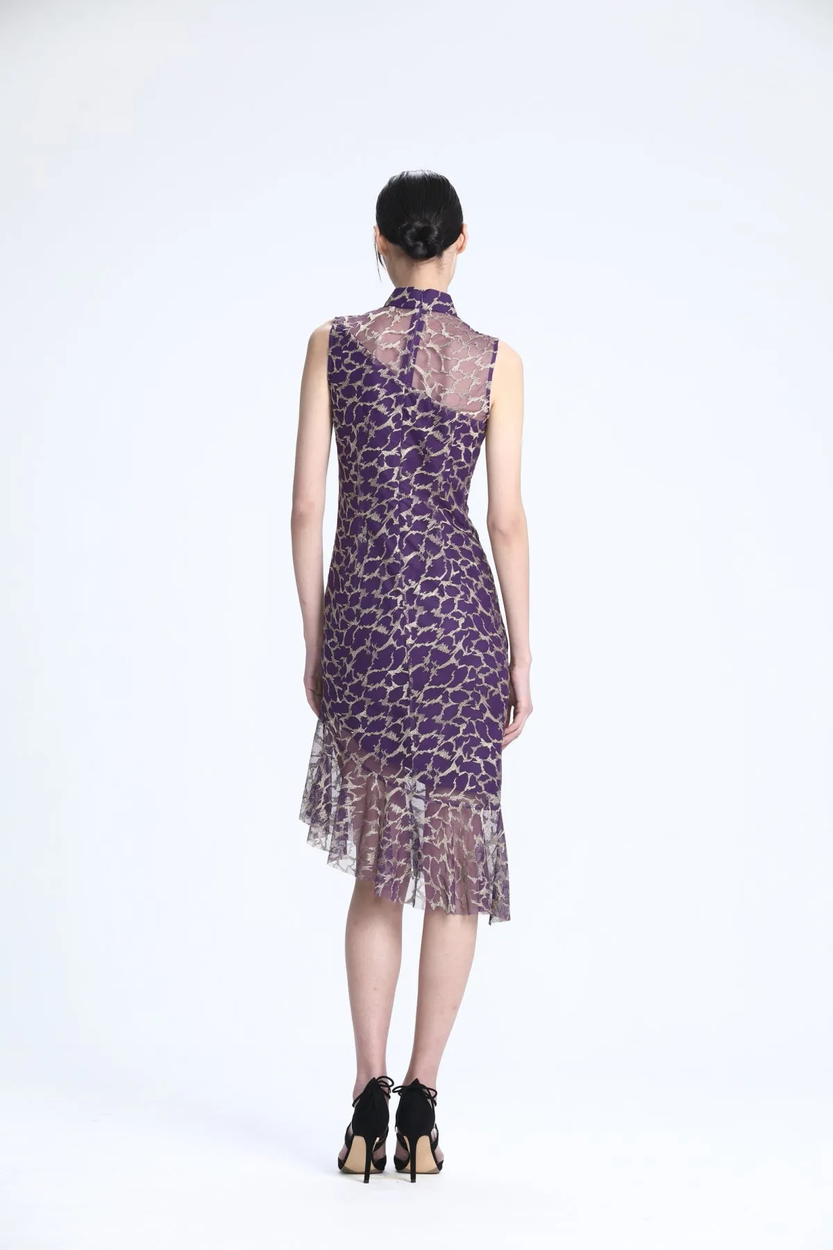 Gold Embroidery on Purple Mesh Sleeveless Asymmetric Mermaid Hem Dress