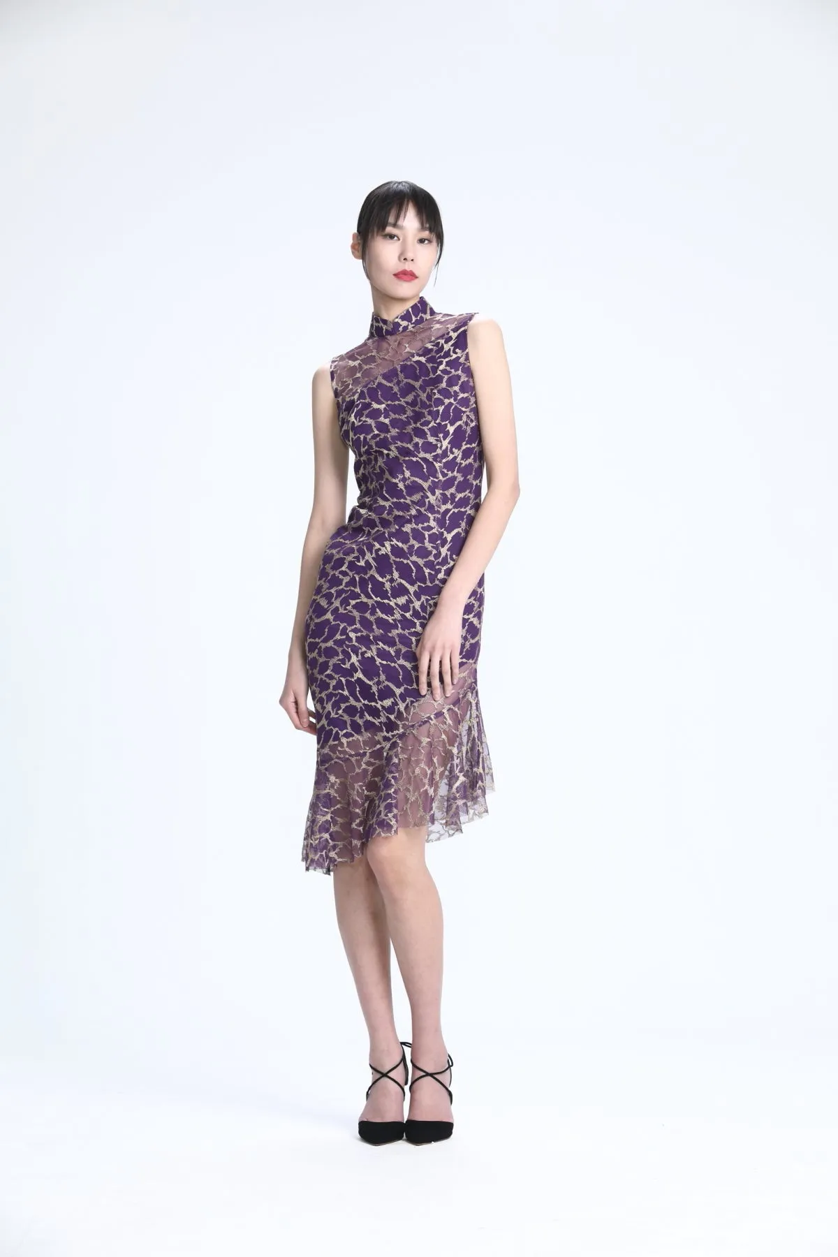 Gold Embroidery on Purple Mesh Sleeveless Asymmetric Mermaid Hem Dress